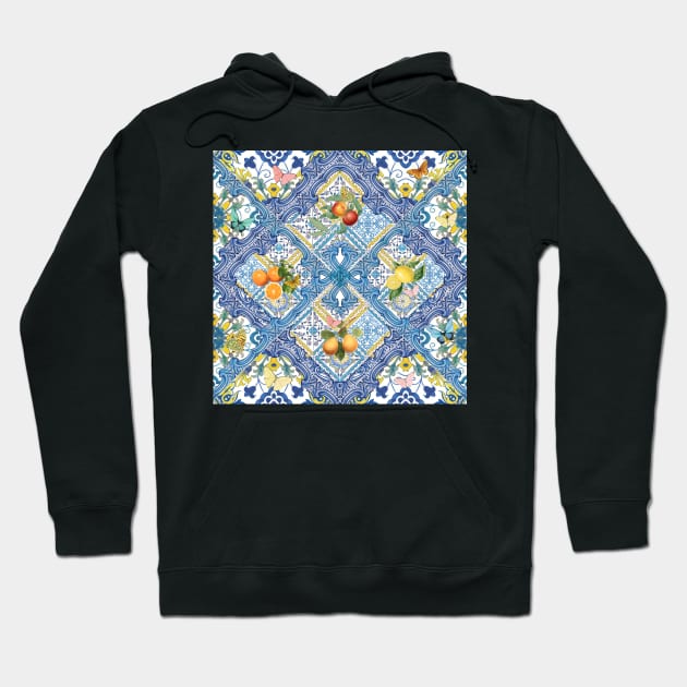 Mediterranean blue tiles, Italian citrus fruit, oranges and lemons Hoodie by Bloomartgallery